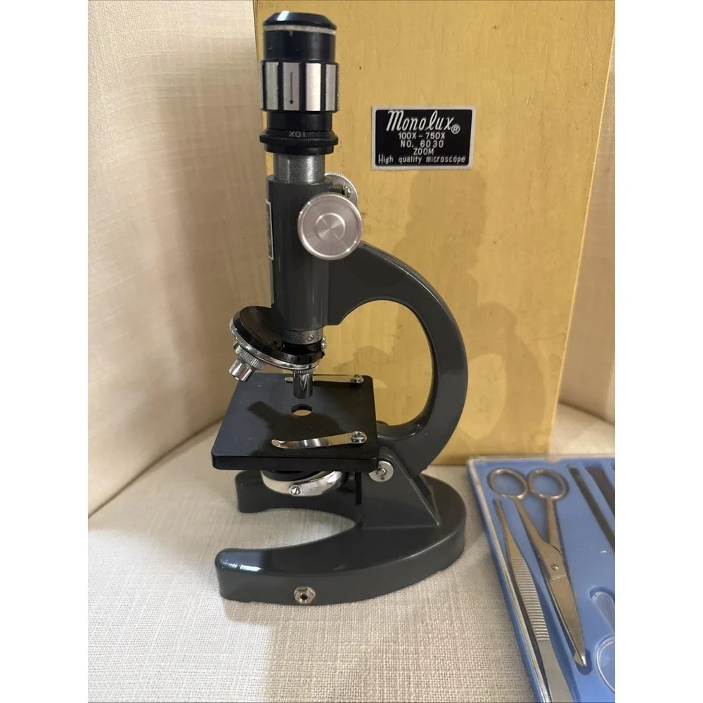Vintage Monolux No. 6030‎ Microscope Kit 100x–750x Japan Wood Case READ